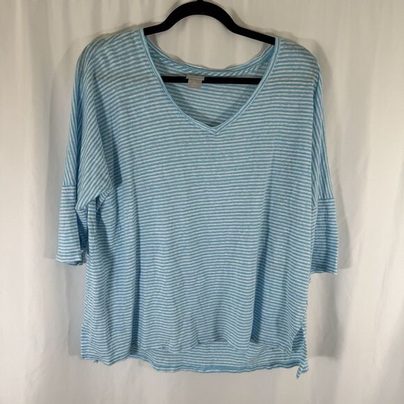 Chico's 100% Linen Blouse Women's 2 Large Blue White Striped Vneck 1/2 Sleeve - Picture 1 of 9